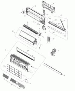 Schema en apparaat van de binnenunit van de airconditioner: ventilator, waaier, demontage, bord