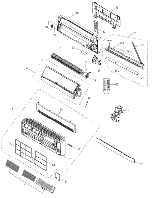 Diagram at aparato ng panloob na yunit ng air conditioner: fan, impeller, disass Assembly, board